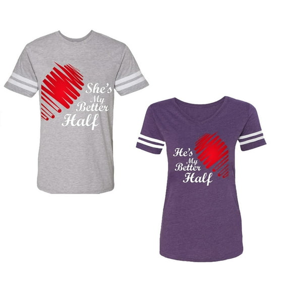 He she is My Better Half Unisex Couple Matching Cotton Jersey style T-Shirt Contrasting stripes on sleeves (Men Heather / Women Purple) (Men XL / Women XL)
