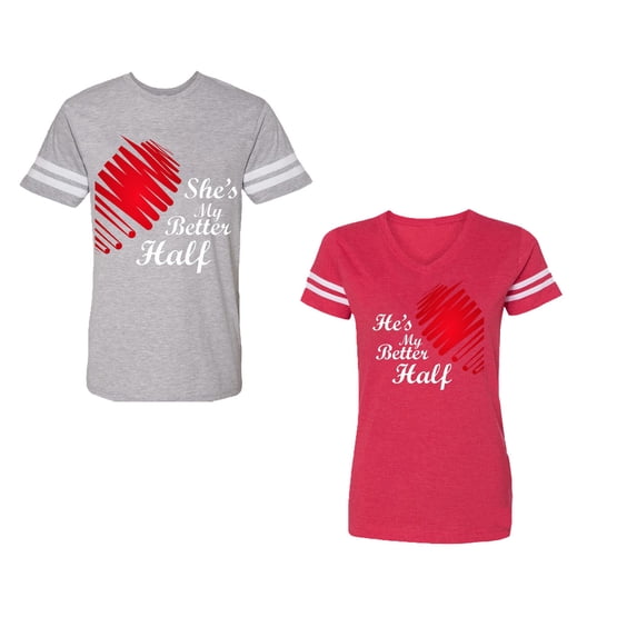 He she is My Better Half Unisex Couple Matching Cotton Jersey style T-Shirt Contrasting stripes on sleeves (Men Heather / Women Red) (Men XXL / Women L)