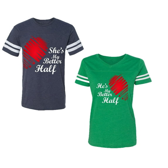 He she is My Better Half Unisex Couple Matching Cotton Jersey style T-Shirt Contrasting stripes on sleeves (Men Navy / Women Green) (Men M / Women XXL)