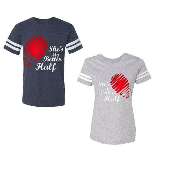 He she is My Better Half Unisex Couple Matching Cotton Jersey style T-Shirt Contrasting stripes on sleeves (Men Navy / Women Heather) (Men L / Women XXL)