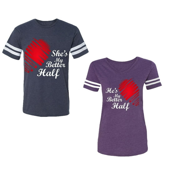 He she is My Better Half Unisex Couple Matching Cotton Jersey style T-Shirt Contrasting stripes on sleeves (Men Navy / Women Purple) (Men M / Women M)