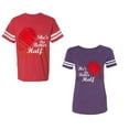 thumbnail image 1 of He she is My Better Half Unisex Couple Matching Cotton Jersey style T-Shirt Contrasting stripes on sleeves (Men Red / Women Purple) (Men XL / Women M), 1 of 3
