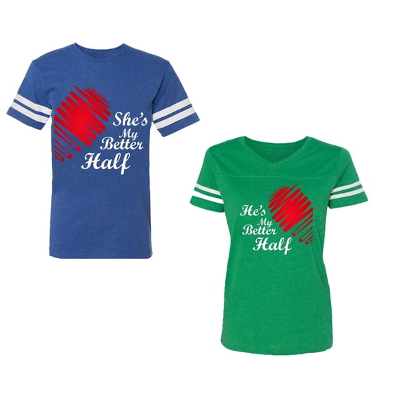 He she is My Better Half Unisex Couple Matching Cotton Jersey style T-Shirt Contrasting stripes on sleeves (Men Royal / Women Green) (Men L / Women L)