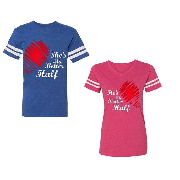 He she is My Better Half Unisex Couple Matching Cotton Jersey style T-Shirt Contrasting stripes on sleeves (Men Royal / Women Pink) (Men XL / Women XL)