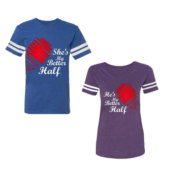 He she is My Better Half Unisex Couple Matching Cotton Jersey style T-Shirt Contrasting stripes on sleeves (Men Royal / Women Purple) (Men XL / Women M)