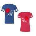 thumbnail image 1 of He she is My Better Half Unisex Couple Matching Cotton Jersey style T-Shirt Contrasting stripes on sleeves (Men Royal / Women Red) (Men S / Women XXL), 1 of 3