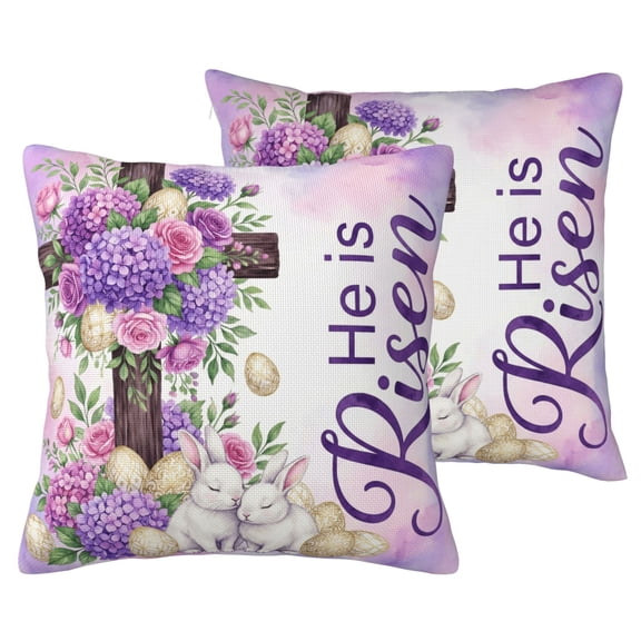 "He is Risen" Easter Cross Pillow Covers Set of 2, Purple Hydrangea Religious Christian Decor, Double Sided Watercolor Faux Linen Throw Pillowcases,16x16 No Insert