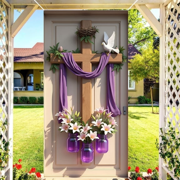 "He is Risen" Easter Door Cover,70.86x35.43in Religious Cross Door Banner Purple Lilies Resurrection Theme Hanging Photo Background,for Outdoor & Indoor Home Church Easter Decor Party Supplies