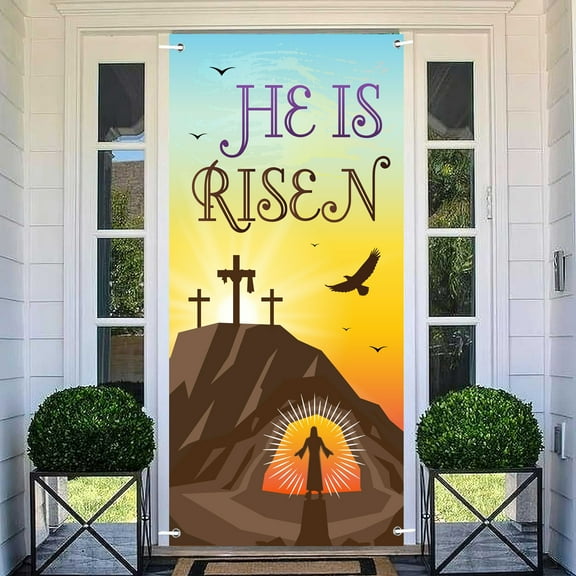 He is Risen Happy Easter Door Cover Decoration, Jesus Door Hanging for Religious Resurrection Decoration, Easter Backdrop Background Banner For Front Door Porch Party Decor, 36X70IN