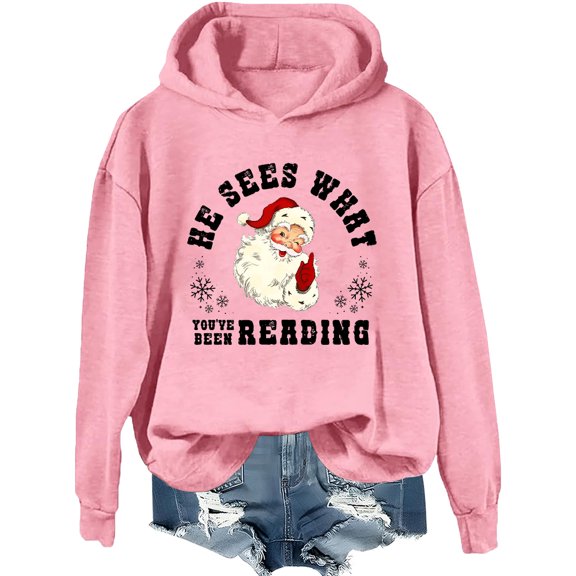 He Sees What You've Been Reading Santa Hoodie Funny Bookish Christmas Santa Sweatshirt