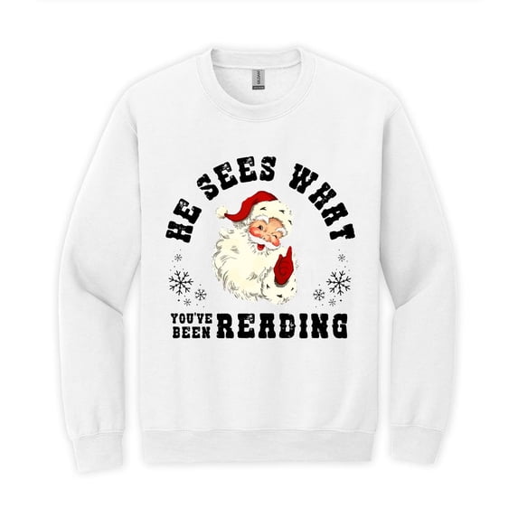 He Sees What You've Been Reading Santa Sweatshirt, Funny Book Lover Christmas Sweatshirt