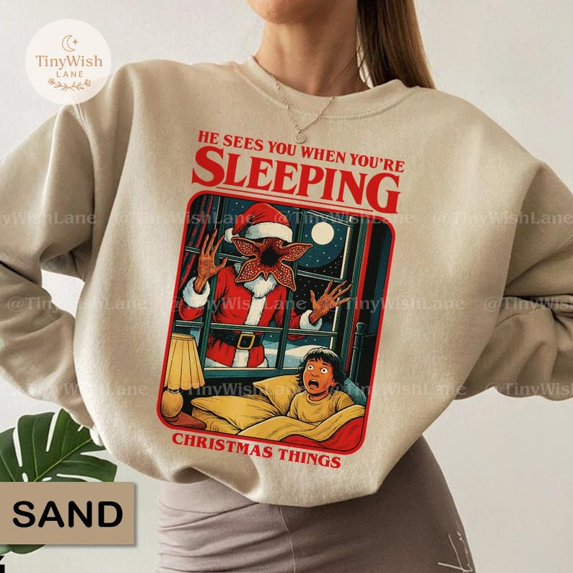 He Sees You When You're Sleeping Sweatshirt, Merry Upside Down Crewneck, Retro 80s Monster Jumper - Sizes S-5XL ,MinimalTee