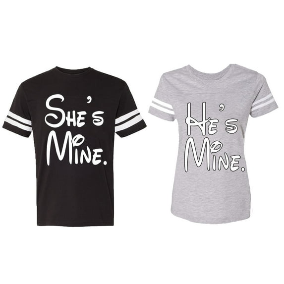He She Is Mine Matching Couple Cotton Jerseys (Men Black / Women Heather) (Men S / Women XL)