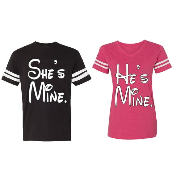 He She Is Mine Matching Couple Cotton Jerseys (Men Black / Women Pink) (Men L / Women XL)