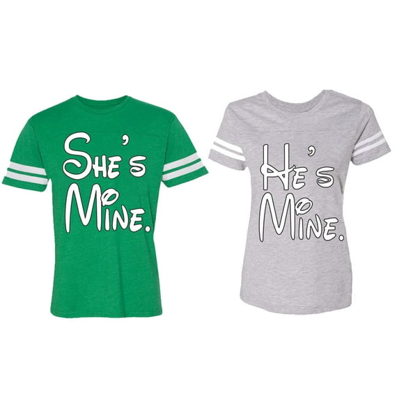 He She Is Mine Matching Couple Cotton Jerseys (Men Green / Women Heather) (Men M / Women XL)