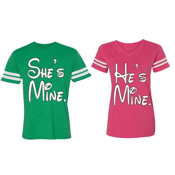 He She Is Mine Matching Couple Cotton Jerseys (Men Green / Women Pink) (Men XXL / Women XL)