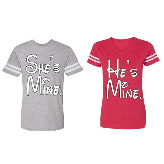 He She Is Mine Matching Couple Cotton Jerseys (Men Heather / Women Red) (Men XXL / Women L)