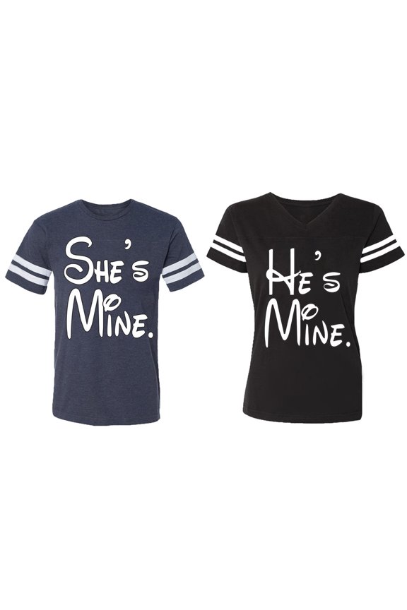 He She Is Mine Matching Couple Cotton Jerseys (Men Navy / Women Black) (Men S / Women S)