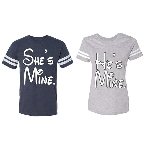 He She Is Mine Matching Couple Cotton Jerseys (Men Navy / Women Heather) (Men L / Women L)