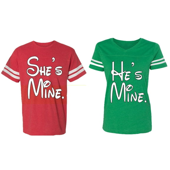He She Is Mine Matching Couple Cotton Jerseys (Men Red / Women Green) (Men L / Women M)
