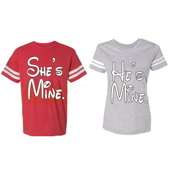 He She Is Mine Matching Couple Cotton Jerseys (Men Red / Women Heather) (Men S / Women L)