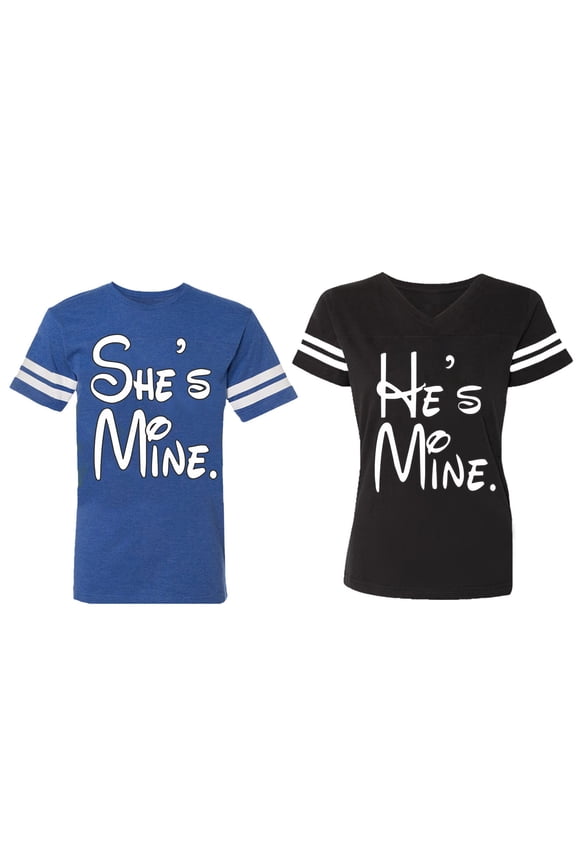 He She Is Mine Matching Couple Cotton Jerseys (Men Royal / Women Black) (Men M / Women M)