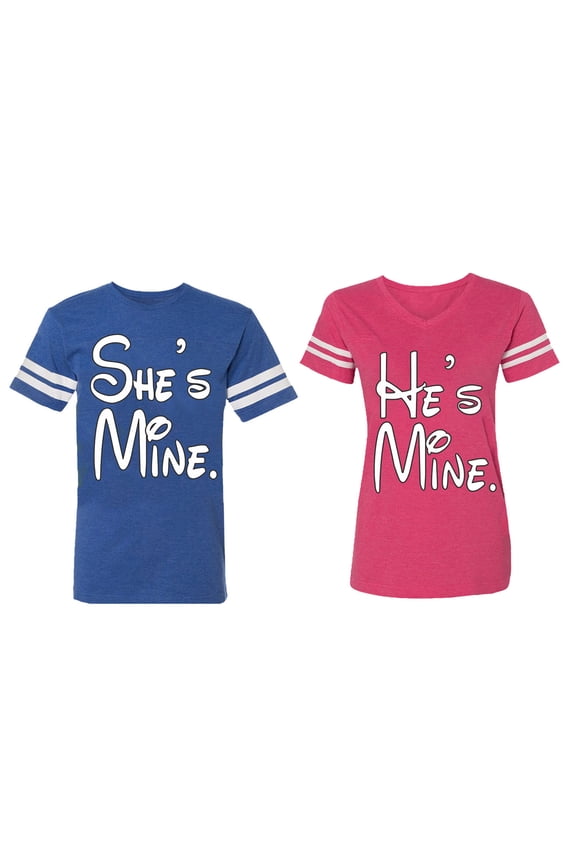 He She Is Mine Matching Couple Cotton Jerseys (Men Royal / Women Pink) (Men XL / Women L)