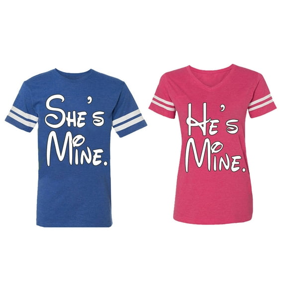 He She Is Mine Matching Couple Cotton Jerseys (Men Royal / Women Pink) (Men XL / Women XXL)