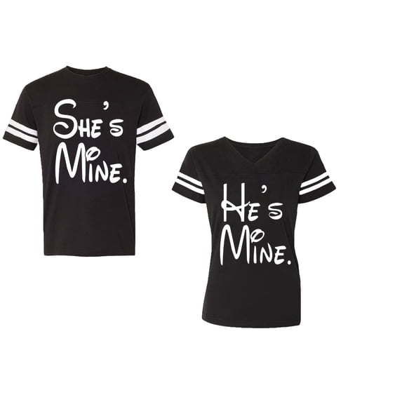 He She Is Mine Unisex Couple Matching Cotton Jersey style T-Shirt Contrasting stripes on sleeves (Men Black / Women Black) (Men M / Women M)
