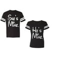 thumbnail image 1 of He She Is Mine Unisex Couple Matching Cotton Jersey style T-Shirt Contrasting stripes on sleeves (Men Black / Women Black) (Men S / Women S), 1 of 3