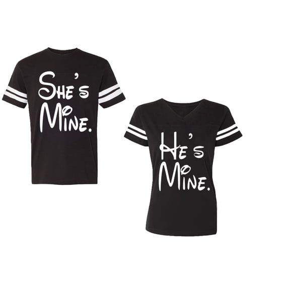 He She Is Mine Unisex Couple Matching Cotton Jersey style T-Shirt Contrasting stripes on sleeves (Men Black / Women Black) (Men S / Women S)