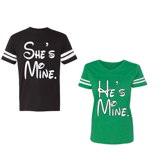 He She Is Mine Unisex Couple Matching Cotton Jersey style T-Shirt Contrasting stripes on sleeves (Men Black / Women Green) (Men XXL / Women M)