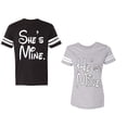 thumbnail image 1 of He She Is Mine Unisex Couple Matching Cotton Jersey style T-Shirt Contrasting stripes on sleeves (Men Black / Women Heather) (Men XXL / Women XL), 1 of 3