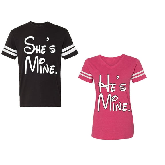 He She Is Mine Unisex Couple Matching Cotton Jersey style T-Shirt Contrasting stripes on sleeves (Men Black / Women Pink) (Men S / Women XXL)