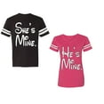 thumbnail image 1 of He She Is Mine Unisex Couple Matching Cotton Jersey style T-Shirt Contrasting stripes on sleeves (Men Black / Women Pink) (Men XL / Women S), 1 of 3