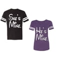 thumbnail image 1 of He She Is Mine Unisex Couple Matching Cotton Jersey style T-Shirt Contrasting stripes on sleeves (Men Black / Women Purple) (Men XXL / Women M), 1 of 3