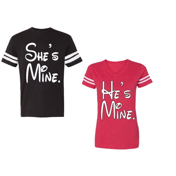 He She Is Mine Unisex Couple Matching Cotton Jersey style T-Shirt Contrasting stripes on sleeves (Men Black / Women Red) (Men M / Women L)