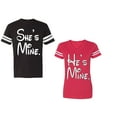 thumbnail image 1 of He She Is Mine Unisex Couple Matching Cotton Jersey style T-Shirt Contrasting stripes on sleeves (Men Black / Women Red) (Men S / Women S), 1 of 3
