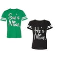 thumbnail image 1 of He She Is Mine Unisex Couple Matching Cotton Jersey style T-Shirt Contrasting stripes on sleeves (Men Green / Women Black) (Men L / Women L), 1 of 3