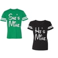 thumbnail image 1 of He She Is Mine Unisex Couple Matching Cotton Jersey style T-Shirt Contrasting stripes on sleeves (Men Green / Women Black) (Men M / Women M), 1 of 3