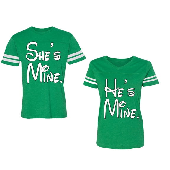 He She Is Mine Unisex Couple Matching Cotton Jersey style T-Shirt Contrasting stripes on sleeves (Men Green / Women Green) (Men M / Women XXL)