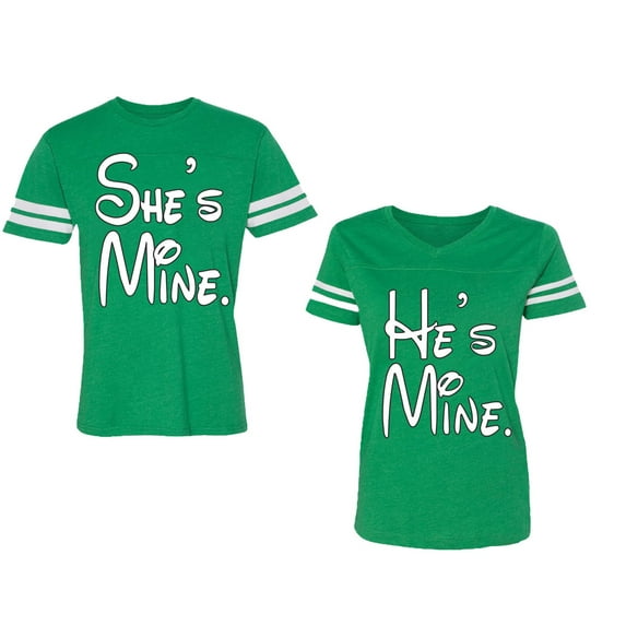 He She Is Mine Unisex Couple Matching Cotton Jersey style T-Shirt Contrasting stripes on sleeves (Men Green / Women Green) (Men S / Women L)