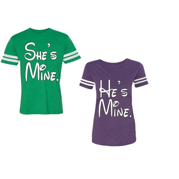He She Is Mine Unisex Couple Matching Cotton Jersey style T-Shirt Contrasting stripes on sleeves (Men Green / Women Purple) (Men M / Women XXL)