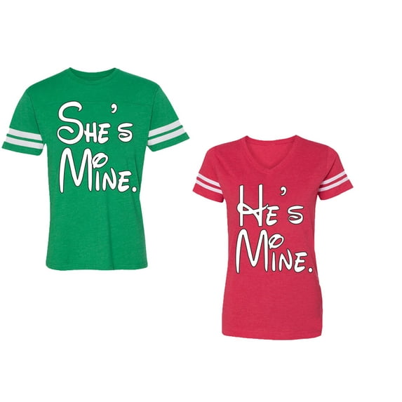 He She Is Mine Unisex Couple Matching Cotton Jersey style T-Shirt Contrasting stripes on sleeves (Men Green / Women Red) (Men XL / Women L)