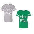 thumbnail image 1 of He She Is Mine Unisex Couple Matching Cotton Jersey style T-Shirt Contrasting stripes on sleeves (Men Heather / Women Green) (Men M / Women L), 1 of 3