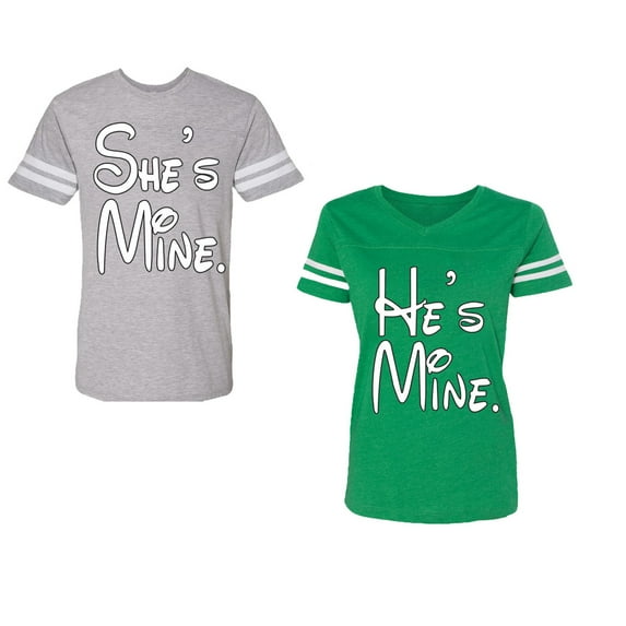 He She Is Mine Unisex Couple Matching Cotton Jersey style T-Shirt Contrasting stripes on sleeves (Men Heather / Women Green) (Men M / Women XXL)