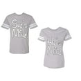 thumbnail image 1 of He She Is Mine Unisex Couple Matching Cotton Jersey style T-Shirt Contrasting stripes on sleeves (Men Heather / Women Heather) (Men M / Women XL), 1 of 3