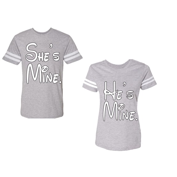 He She Is Mine Unisex Couple Matching Cotton Jersey style T-Shirt Contrasting stripes on sleeves (Men Heather / Women Heather) (Men S / Women XXL)