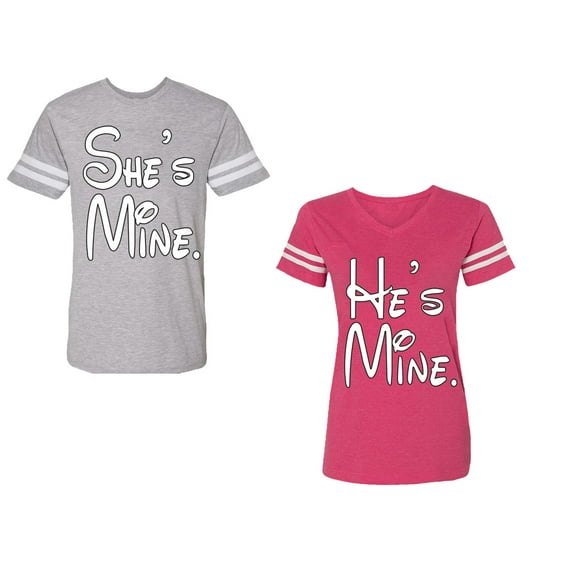 He She Is Mine Unisex Couple Matching Cotton Jersey style T-Shirt Contrasting stripes on sleeves (Men Heather / Women Pink) (Men S / Women S)