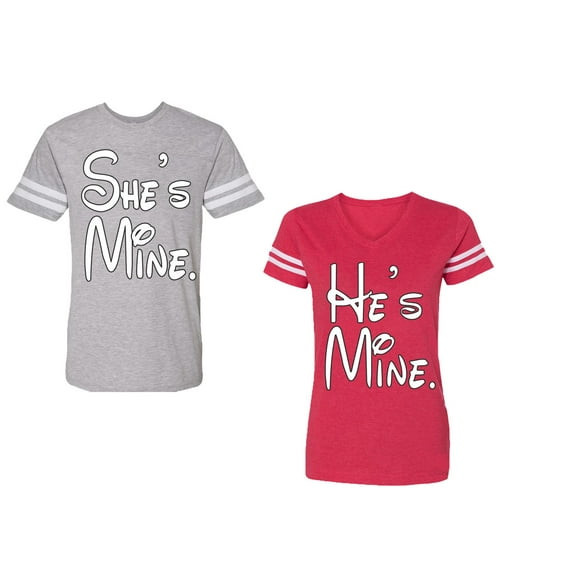 He She Is Mine Unisex Couple Matching Cotton Jersey style T-Shirt Contrasting stripes on sleeves (Men Heather / Women Red) (Men S / Women S)